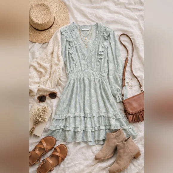 By The River Mint Floral Ruffle Dress Cottagecore Boho Sheer Mini S Spring - Picture 2 of 9